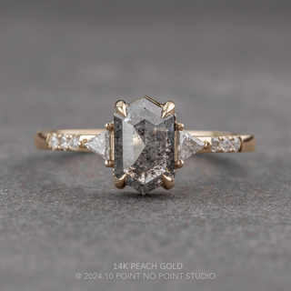 1.82 Carat Black Salt and Pepper Hexagon Diamond Engagement Ring, Eliza Setting, Point No Point Studio. Available in a variety of metal types. Eco-friendly, Recycled Metals, Conflict Free.