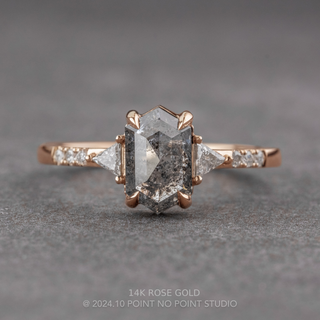 1.82 Carat Black Salt and Pepper Hexagon Diamond Engagement Ring, Eliza Setting, Point No Point Studio. Available in a variety of metal types. Eco-friendly, Recycled Metals, Conflict Free.