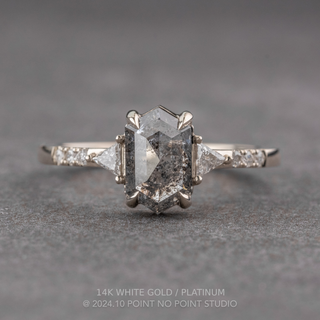 1.82 Carat Black Salt and Pepper Hexagon Diamond Engagement Ring, Eliza Setting, Point No Point Studio. Available in a variety of metal types. Eco-friendly, Recycled Metals, Conflict Free.