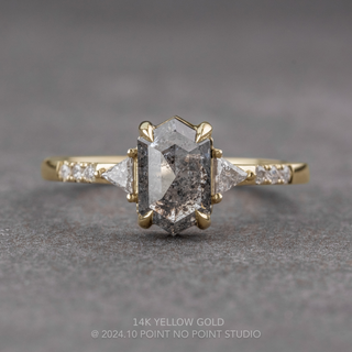 1.82 Carat Black Salt and Pepper Hexagon Diamond Engagement Ring, Eliza Setting, Point No Point Studio. Available in a variety of metal types. Eco-friendly, Recycled Metals, Conflict Free.