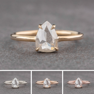 1.08 Carat Icy White Pear Diamond Engagement Ring, Jane Setting, Point No Point Studio. Available in a variety of metal types. Eco-friendly, Recycled Metals, Conflict Free.
