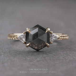 2.03 Carat Black Hexagon Diamond Engagement Ring, Engraved Zoe Setting, Point No Point Studio. Available in a variety of metal types. Eco-friendly, Recycled Metals, Conflict Free.
