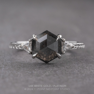 2.03 Carat Black Hexagon Diamond Engagement Ring, Engraved Zoe Setting, Point No Point Studio. Available in a variety of metal types. Eco-friendly, Recycled Metals, Conflict Free.