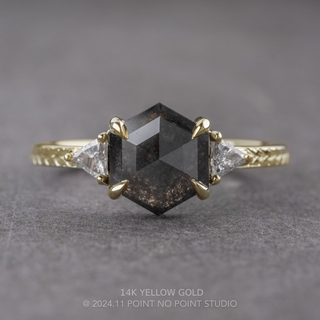 2.03 Carat Black Hexagon Diamond Engagement Ring, Engraved Zoe Setting, Point No Point Studio. Available in a variety of metal types. Eco-friendly, Recycled Metals, Conflict Free.