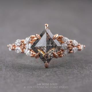 1.62 Carat Black Salt and Pepper Lozenge Diamond Engagement Ring, Winnie Setting, Point No Point Studio. Available in a variety of metal types. Eco-friendly, Recycled Metals, Conflict Free.
