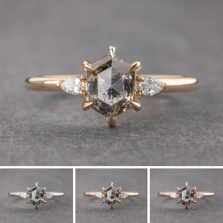 2.08 Carat Salt and Pepper Hexagon Diamond Engagement Ring, Zoe Setting, Point No Point Studio. Available in a variety of metal types. Eco-friendly, Recycled Metals, Conflict Free.