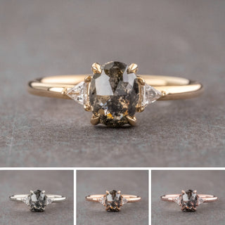 1.49 Carat Salt and Pepper Oval Diamond Engagement Ring, Zoe Setting, Point No Point Studio. Available in a variety of metal types. Eco-friendly, Recycled Metals, Conflict Free.