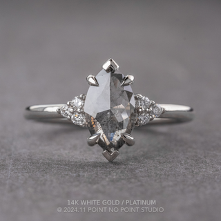 .98 Carat Salt and Pepper Marquise Diamond Engagement Ring, Quinn Setting, Point No Point Studio. Available in a variety of metal types. Eco-friendly, Recycled Metals, Conflict Free.