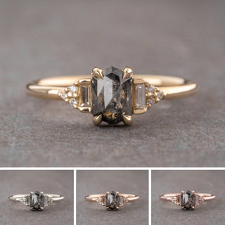 1.26 Carat Black Salt and Pepper Hexagon Diamond Engagement Ring, Dahlia Setting, Point No Point Studio. Available in a variety of metal types. Eco-friendly, Recycled Metals, Conflict Free.