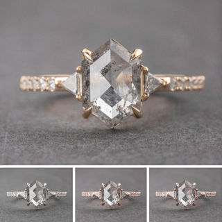 2.35 Carat Salt and Pepper Hexagon Diamond Engagement Ring, Eliza Setting, Point No Point Studio. Available in a variety of metal types. Eco-friendly, Recycled Metals, Conflict Free.