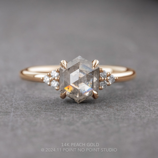 1.46 Carat Canadian Icy White Hexagon Diamond Engagement Ring, Quinn Setting, Point No Point Studio. Available in a variety of metal types. Eco-friendly, Recycled Metals, Conflict Free.