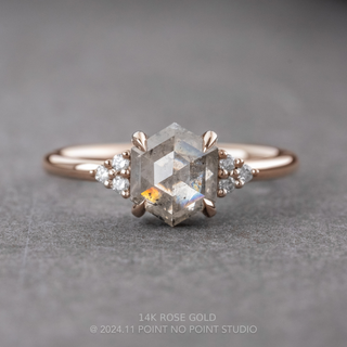 1.46 Carat Canadian Icy White Hexagon Diamond Engagement Ring, Quinn Setting, Point No Point Studio. Available in a variety of metal types. Eco-friendly, Recycled Metals, Conflict Free.