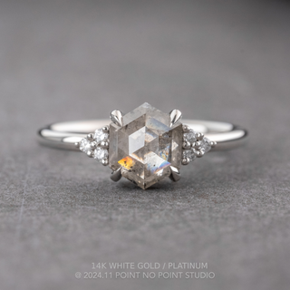 1.46 Carat Canadian Icy White Hexagon Diamond Engagement Ring, Quinn Setting, Point No Point Studio. Available in a variety of metal types. Eco-friendly, Recycled Metals, Conflict Free.