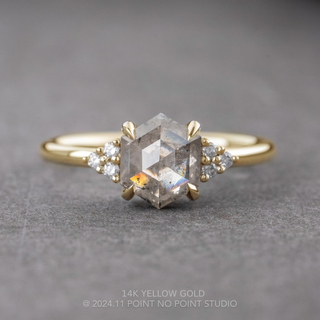1.46 Carat Canadian Icy White Hexagon Diamond Engagement Ring, Quinn Setting, Point No Point Studio. Available in a variety of metal types. Eco-friendly, Recycled Metals, Conflict Free.