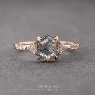 1.54 Carat Salt and Pepper Hexagon Diamond Engagement Ring, Eliza Setting, Point No Point Studio. Available in a variety of metal types. Eco-friendly, Recycled Metals, Conflict Free.