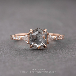 1.54 Carat Salt and Pepper Hexagon Diamond Engagement Ring, Eliza Setting, Point No Point Studio. Available in a variety of metal types. Eco-friendly, Recycled Metals, Conflict Free.
