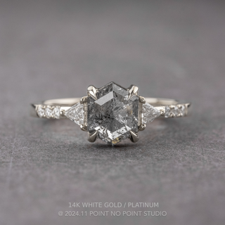 1.54 Carat Salt and Pepper Hexagon Diamond Engagement Ring, Eliza Setting, Point No Point Studio. Available in a variety of metal types. Eco-friendly, Recycled Metals, Conflict Free.