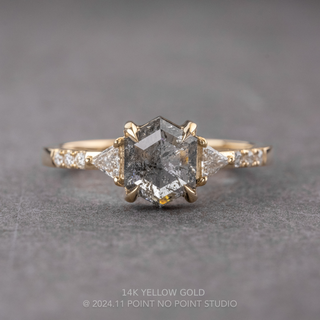 1.54 Carat Salt and Pepper Hexagon Diamond Engagement Ring, Eliza Setting, Point No Point Studio. Available in a variety of metal types. Eco-friendly, Recycled Metals, Conflict Free.