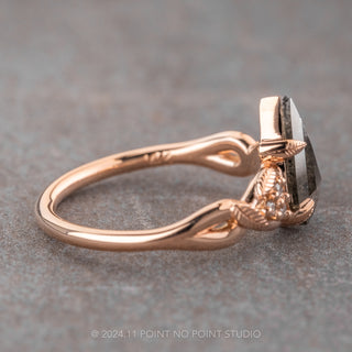 1.06 Carat Black Speckled Kite Diamond Engagement Ring, Leaf Quinn Setting, 14k Rose Gold