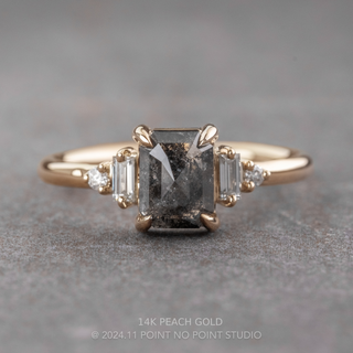 1.41 Carat Black Salt and Pepper Emerald Shaped Diamond Engagement Ring, Betty Setting, Point No Point Studio. Available in a variety of metal types. Eco-friendly, Recycled Metals, Conflict Free.