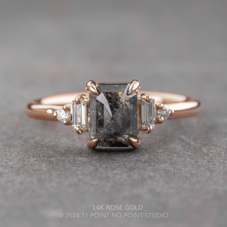 1.41 Carat Black Salt and Pepper Emerald Shaped Diamond Engagement Ring, Betty Setting, Point No Point Studio. Available in a variety of metal types. Eco-friendly, Recycled Metals, Conflict Free.