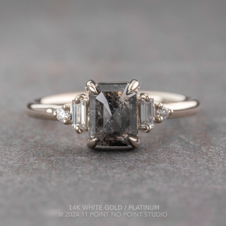 1.41 Carat Black Salt and Pepper Emerald Shaped Diamond Engagement Ring, Betty Setting, Point No Point Studio. Available in a variety of metal types. Eco-friendly, Recycled Metals, Conflict Free.