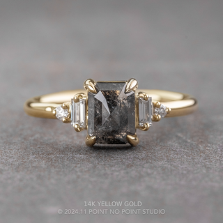 1.41 Carat Black Salt and Pepper Emerald Shaped Diamond Engagement Ring, Betty Setting, Point No Point Studio. Available in a variety of metal types. Eco-friendly, Recycled Metals, Conflict Free.