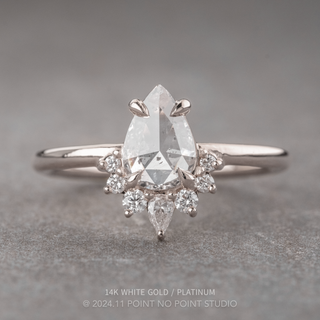 .84 Carat Icy Salt and Pepper Pear Diamond Engagement Ring, Ava Setting, Point No Point Studio. Available in a variety of metal types. Eco-friendly, Recycled Metals, Conflict Free.