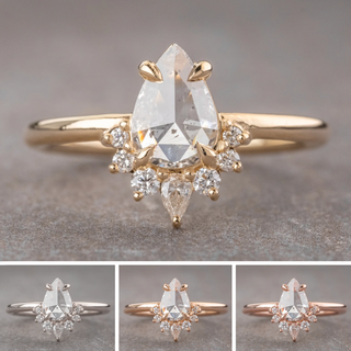 .84 Carat Icy Salt and Pepper Pear Diamond Engagement Ring, Ava Setting, Point No Point Studio. Available in a variety of metal types. Eco-friendly, Recycled Metals, Conflict Free.
