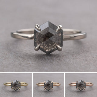 1.39 Carat Black Salt and Pepper Hexagon Diamond Engagement Ring, Jane Setting