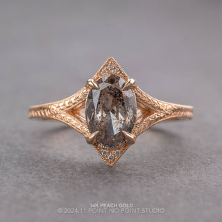 2.05 Carat Salt and Pepper Oval Diamond Engagement Ring, Engraved Arwen Setting