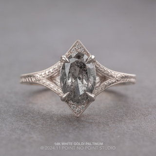 2.05 Carat Salt and Pepper Oval Diamond Engagement Ring, Engraved Arwen Setting