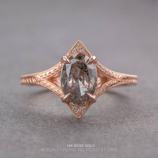 2.05 Carat Salt and Pepper Oval Diamond Engagement Ring, Engraved Arwen Setting