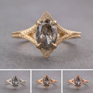 2.05 Carat Salt and Pepper Oval Diamond Engagement Ring, Engraved Arwen Setting