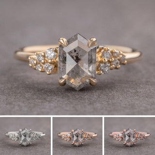 2.34 Carat Icy Salt and Pepper Hexagon Diamond Engagement Ring, Aspen Setting, Point No Point Studio. Available in a variety of metal types. Eco-friendly, Recycled Metals, Conflict Free.
