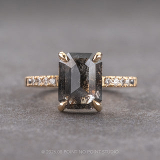 2.60 Carat Black Emerald Shaped Diamond Engagement Ring, Ombre Jules Setting, 14K Yellow Gold, Point No Point Studio. Available in a variety of metal types. Eco-friendly, Recycled Metals, Conflict Free.