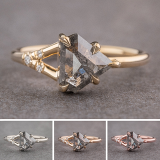 1.69 Carat Salt and Pepper Shield Diamond Engagement Ring, Zara Setting, Point No Point Studio. Available in a variety of metal types. Eco-friendly, Recycled Metals, Conflict Free.