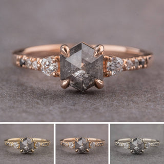 1.31 Carat Salt and Pepper Hexagon Diamond Engagement Ring, Ombre Eliza Setting