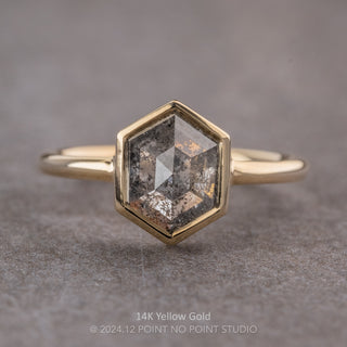 2.34 Carat Salt and Pepper Hexagon Diamond Engagement Ring, Bezel Jane Setting, Point No Point Studio. Available in a variety of metal types. Eco-friendly, Recycled Metals, Conflict Free.