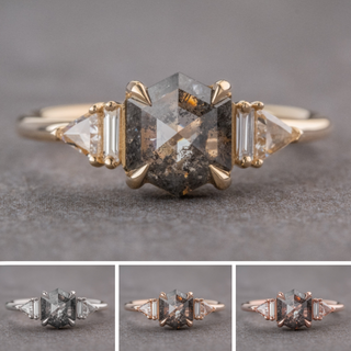 1.47 Carat Salt and Pepper Hexagon Diamond Engagement Ring, Beatrice Setting, Point No Point Studio. Available in a variety of metal types. Eco-friendly, Recycled Metals, Conflict Free.