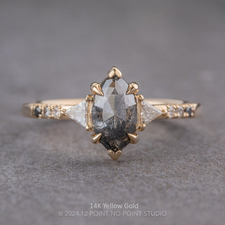 1.56 Carat Black Speckled Marquise Diamond Engagement Ring, Ombre Eliza Setting, Point No Point Studio. Available in a variety of metal types. Eco-friendly, Recycled Metals, Conflict Free.