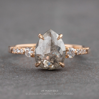 2.58 Carat Salt and Pepper Pear Diamond Engagement Ring, Eliza Setting, Point No Point Studio. Available in a variety of metal types. Eco-friendly, Recycled Metals, Conflict Free.