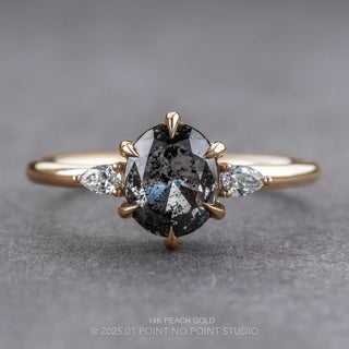 2.04 Carat Black Speckled Oval Diamond Engagement Ring, Zoe Setting, Point No Point Studio. Available in a variety of metal types. Eco-friendly, Recycled Metals, Conflict Free.