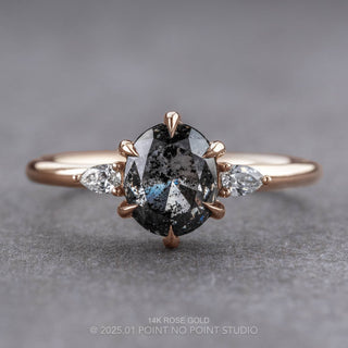 2.04 Carat Black Speckled Oval Diamond Engagement Ring, Zoe Setting, Point No Point Studio. Available in a variety of metal types. Eco-friendly, Recycled Metals, Conflict Free.