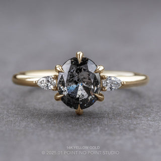 2.04 Carat Black Speckled Oval Diamond Engagement Ring, Zoe Setting, Point No Point Studio. Available in a variety of metal types. Eco-friendly, Recycled Metals, Conflict Free.