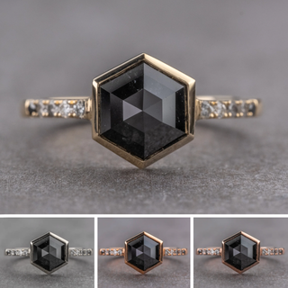 1.58 Carat Black Hexagon Diamond Engagement Ring, Bezel Ombre Jules Setting, Point No Point Studio. Available in a variety of metal types. Eco-friendly, Recycled Metals, Conflict Free.