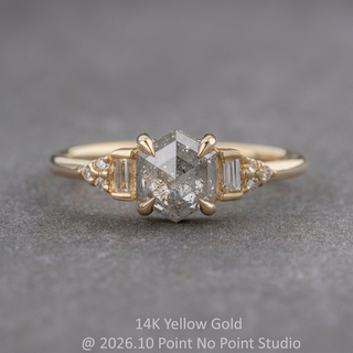 .99 Carat Salt and Pepper Hexagon Diamond Engagement Ring, Dahlia Setting, Point No Point Studio. Available in a variety of metal types. Eco-friendly, Recycled Metals, Conflict Free.