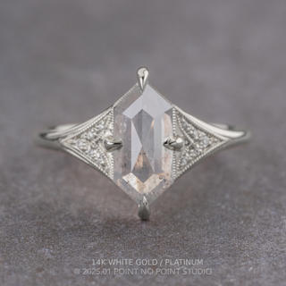 1.15 Carat Icy Salt and Pepper Hexagon Diamond Engagement Ring, Aela Setting, Point No Point Studio. Available in a variety of metal types. Eco-friendly, Recycled Metals, Conflict Free.