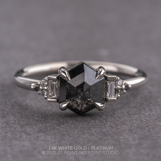 1.70 Carat Black Salt and Pepper Hexagon Diamond Engagement Ring, Ombre Dahlia Setting