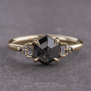 1.70 Carat Black Salt and Pepper Hexagon Diamond Engagement Ring, Ombre Dahlia Setting